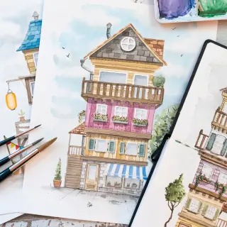 Fantastische Aquarell-Häuschen